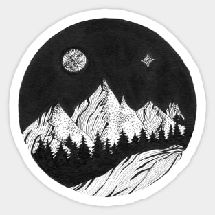 Hand inked draw of forest with mountains under the night sky with full moon and northern light Sticker